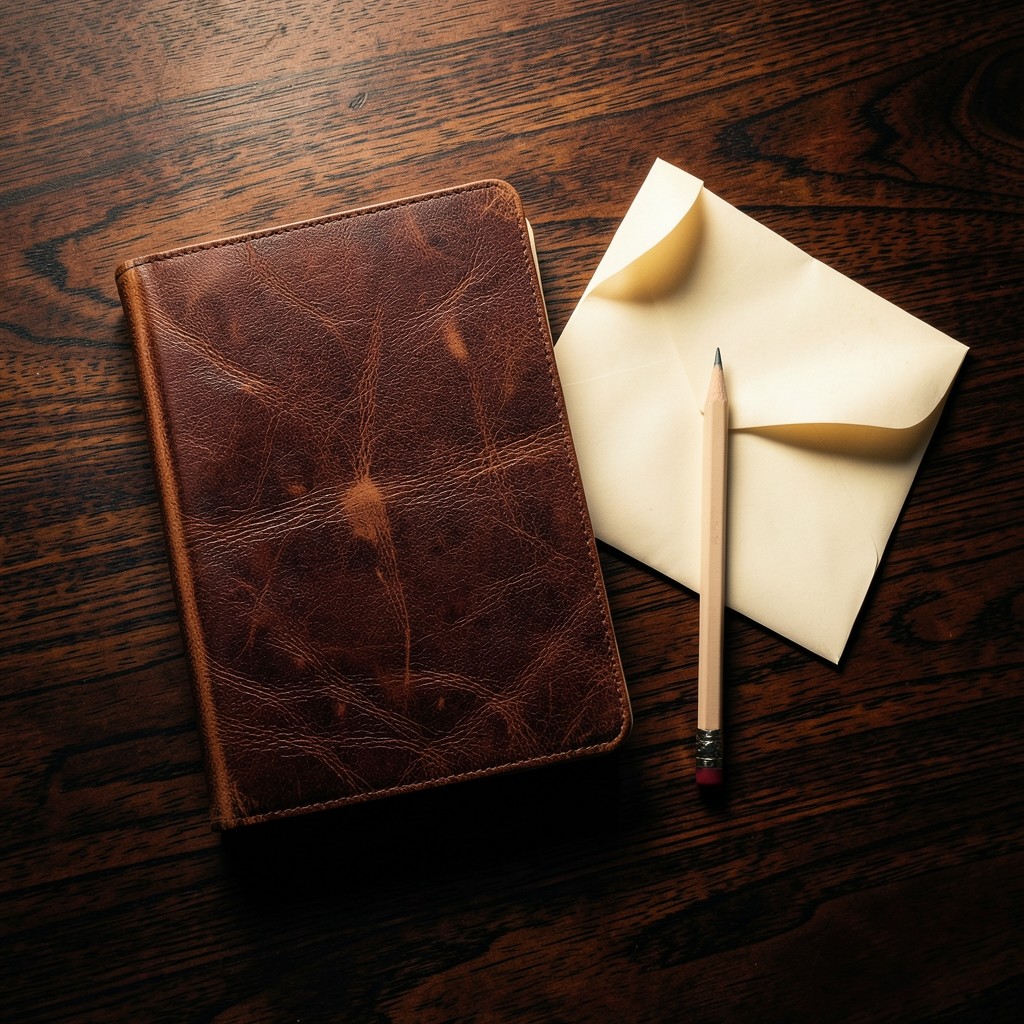 Leather notebook and soft pencil beside a cream envelope on dark wood
