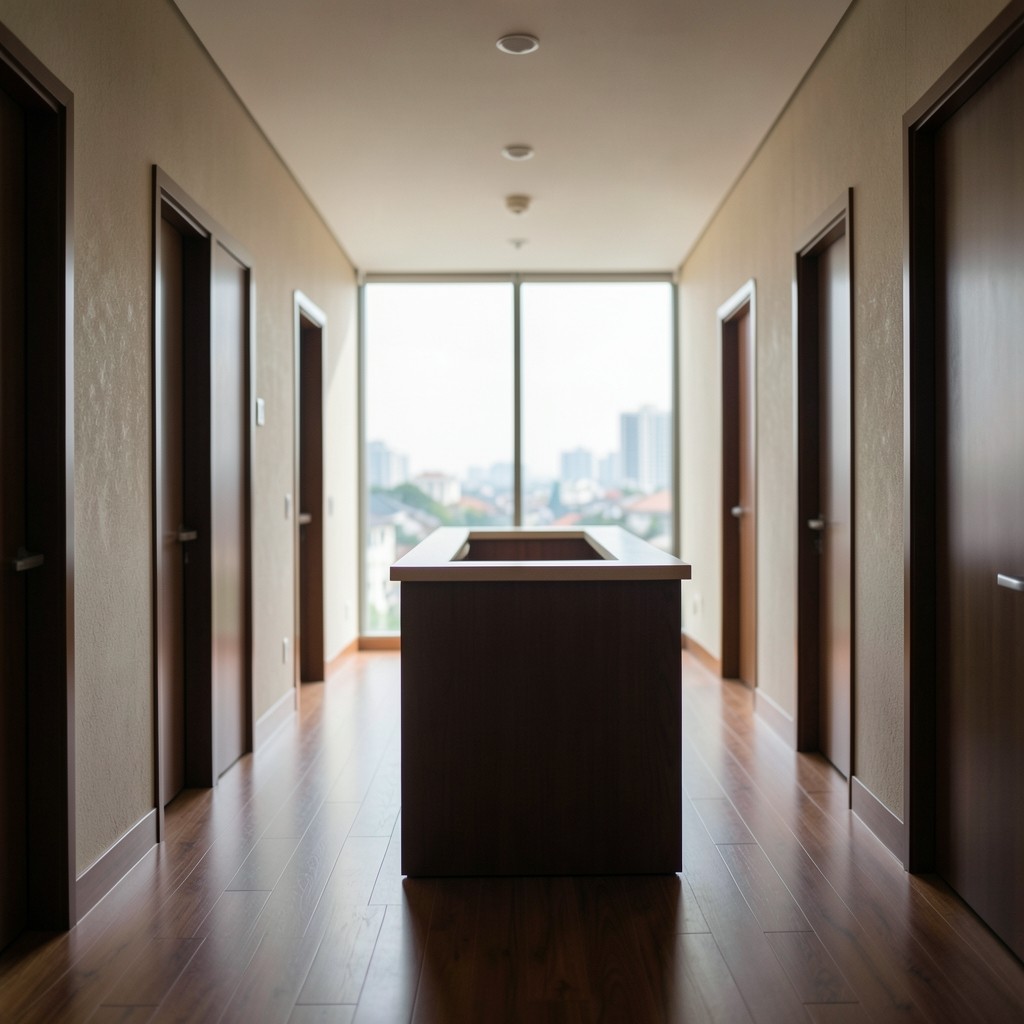 Quiet clinic corridor with soft morning light and empty reception desk