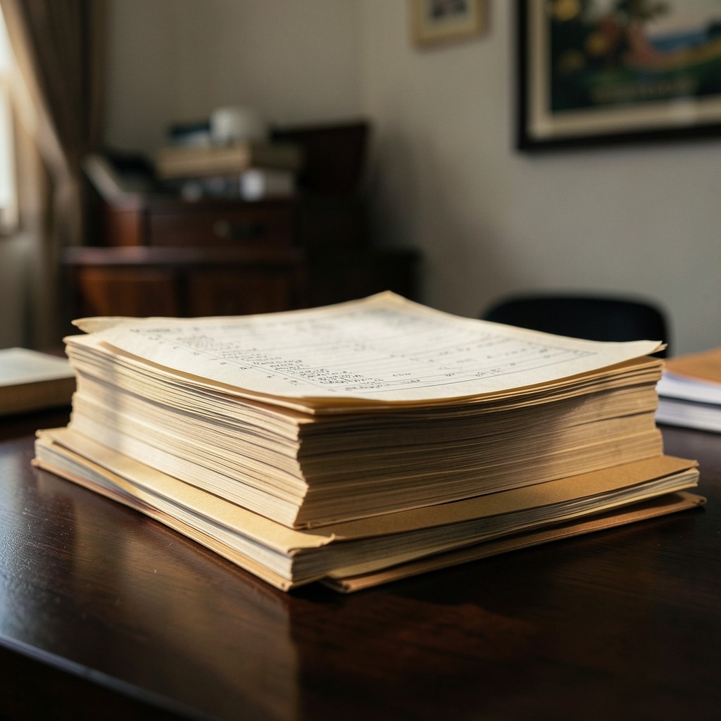 Printed ledger pages and folders stacked on a Bangkok office desk
