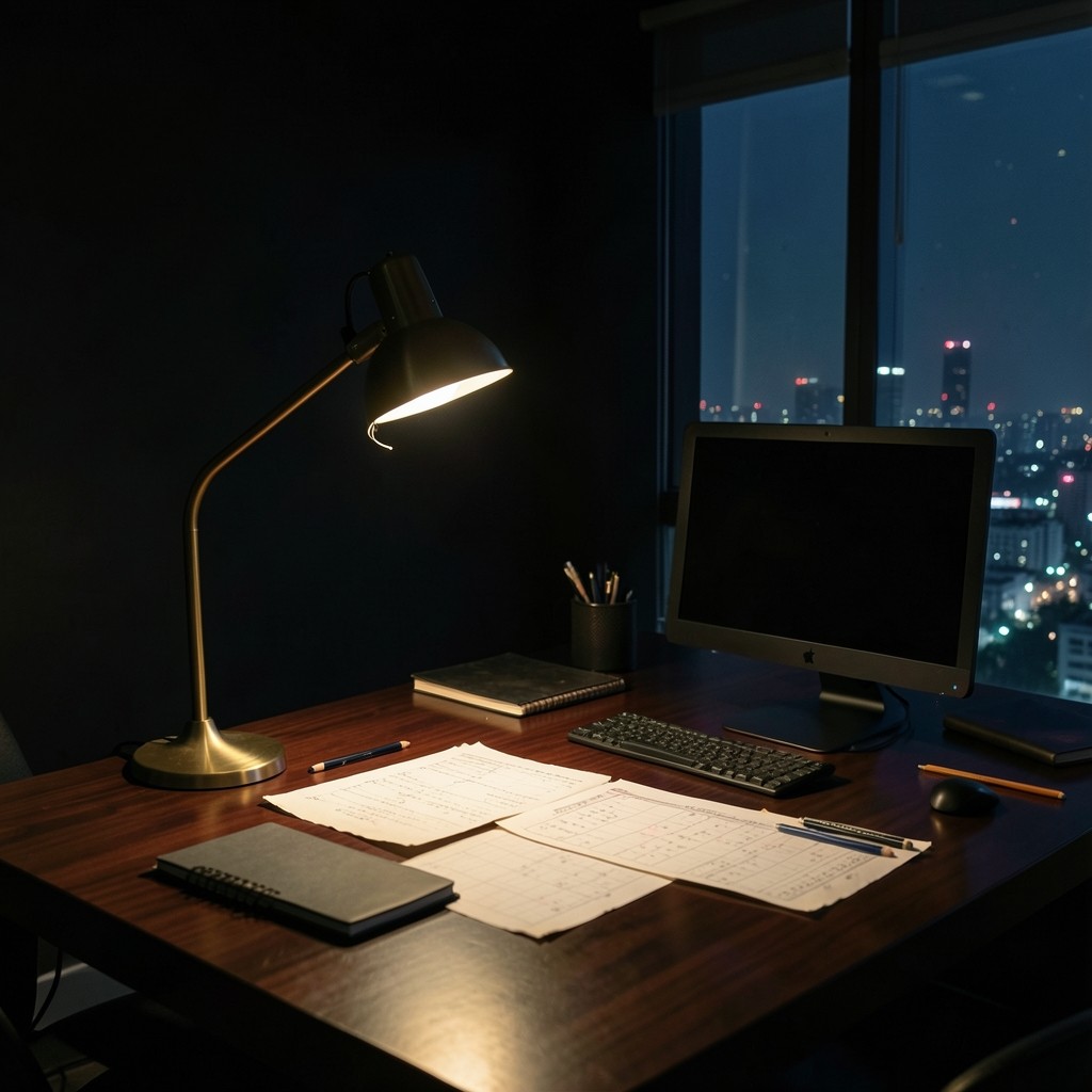 Studio worktable with printed schedules and muted brass desk lamp