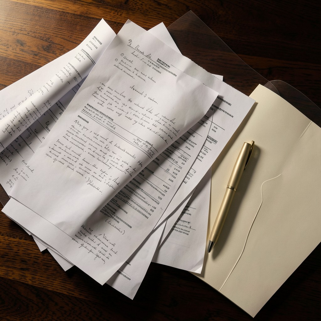 Printed financial reporting pages on a dark desk under warm lamp light