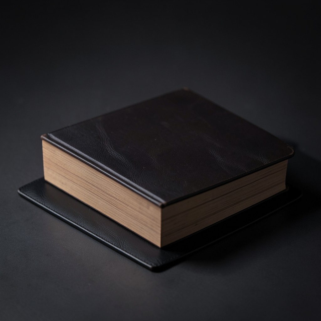 Bound board pack resting on black leather blotter with soft rim lighting