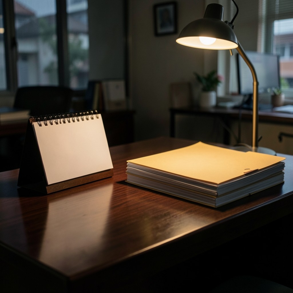 Desk calendar beside stacked monthly close folders in a quiet Bangkok office