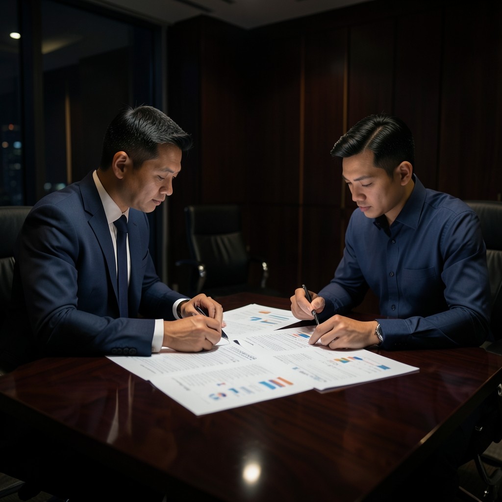 Two colleagues reviewing annotated margin charts across a polished meeting table